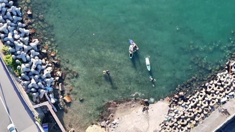 Young people enjoying stand-up paddleboarding and snorkeling Stock-Footage 287264553