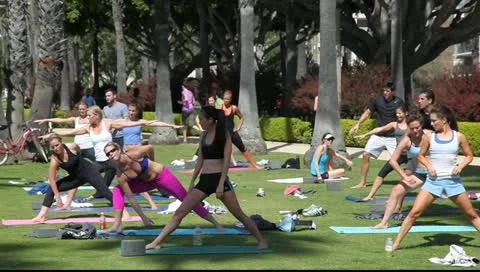 Young people exercise in the park with personal fitness trainer in Los Angeles Stock Footage 10832889