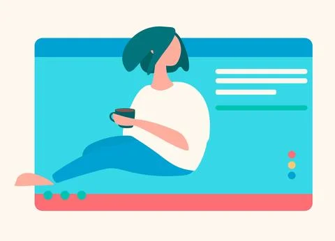 Young people in front of a computer screen. Flat style, isolated vector eleme Illustrazione stock