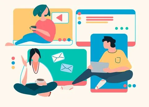 Young people in front of a computer screen. Flat style, isolated vector eleme Stock Illustration