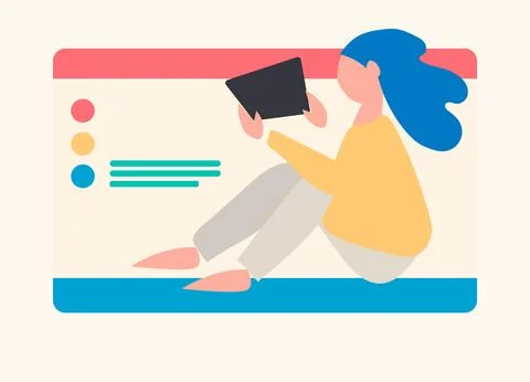 Young people in front of a computer screen. Flat style, isolated vector eleme Stock Illustration