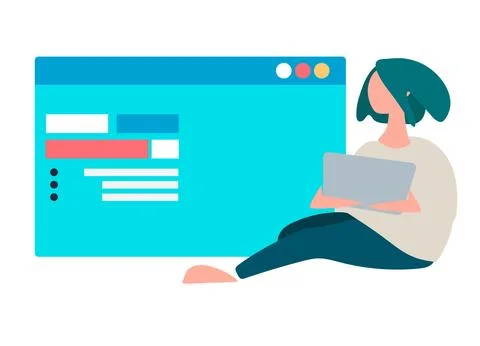 Young people in front of a computer screen. Flat style, isolated vector eleme Illustrazione stock