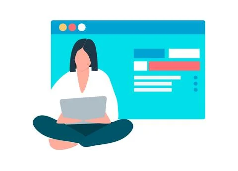 Young people in front of a computer screen. Flat style, isolated vector eleme Stock Illustration