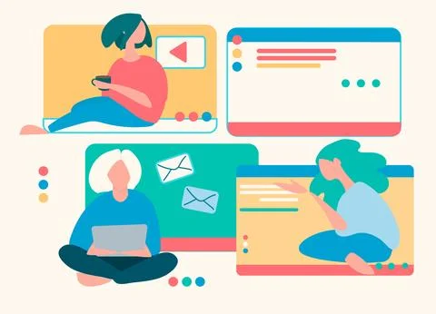 Young people in front of a computer screen. Flat style, isolated vector eleme Stock Illustration