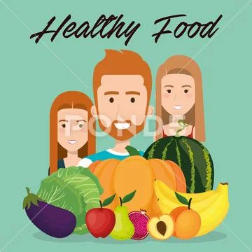 Young people with fruits and vegetables Stock Illustration