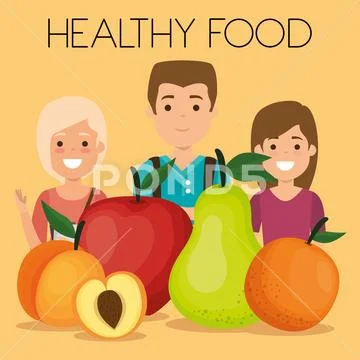 Young people with fruits healthy food Stock Illustration