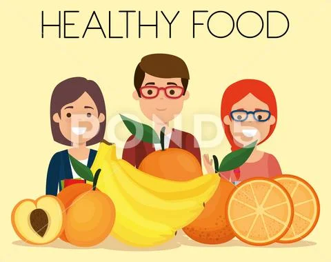 Young people with fruits healthy food Stock Illustration