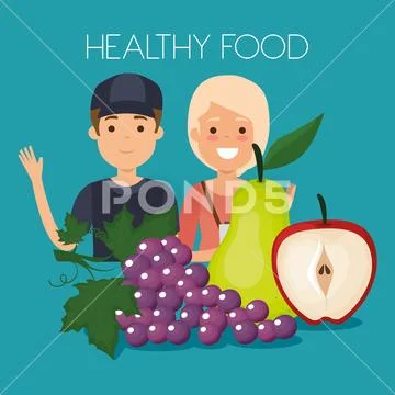Young people with fruits healthy food Stock Illustration