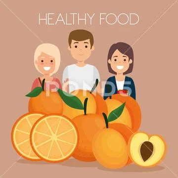 Young people with fruits healthy food Stock Illustration