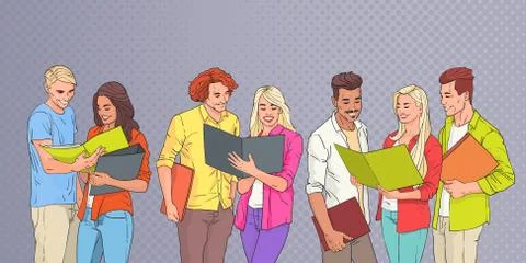 Young People Group Students Reading Over Pop Art Colorful Retro Background Stock Illustration