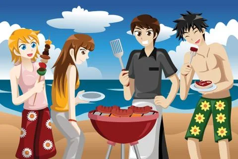 Young people having a bbq Illustrazione stock
