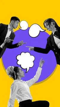 Young people interacting with speech bubbles. Contemporary art collage. Exchange Stock Photos