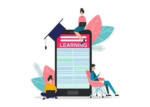Young people learning on a large smartphone screen Ilustración de archivo