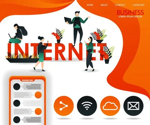 Young people move between the words INTERNET. can use for, landing page, temp Stock Illustration