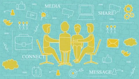 Young People Networking Using Social Media On Blue Background, Illustration 스톡 일러스트