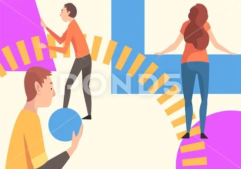 Young People Organizing Colorful Abstract Geometric Shapes, Men and Women Stock Illustration