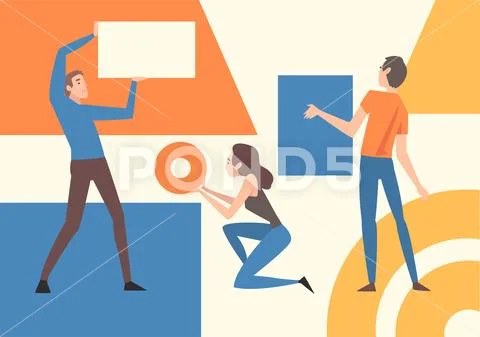 Young People Organizing Colorful Abstract Geometric Shapes, Men and Women Stock Illustration