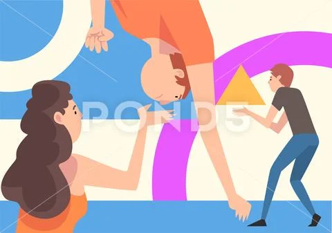 Young People Organizing Colorful Abstract Geometric Shapes, Men and Women Stock Illustration