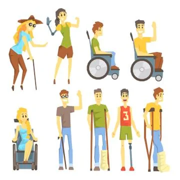 Young People With Permanent And Temporary Disabilities Overcoming The Injury And Stock Illustration