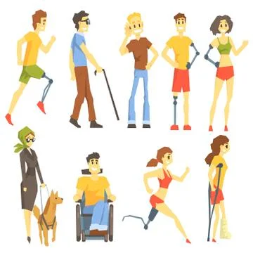 Young People With Permanent And Temporary Disabilities Overcoming The Injury Stock Illustration