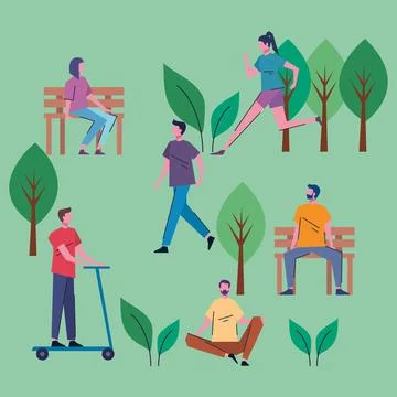 Young people practicing activities in the park scene Stock Illustration