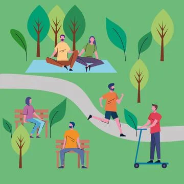 Young people practicing activities in the park characters Stock Illustration