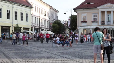 Young people "Save the planet" project, airplane car, old city, town, Europe Stock Footage 40568198
