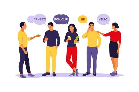 Young people saying hello in different languages. Students with speech bubble Stock Illustration