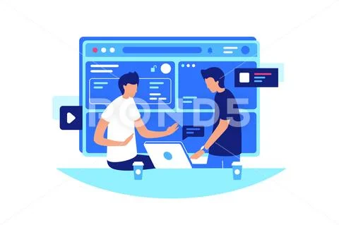 Young people service discuss the problem with site on break. Stock Illustration