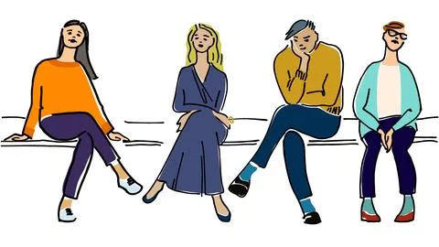 Young people sitting on a bench vector illustration. Audience concept. Wait.. Stock Illustration
