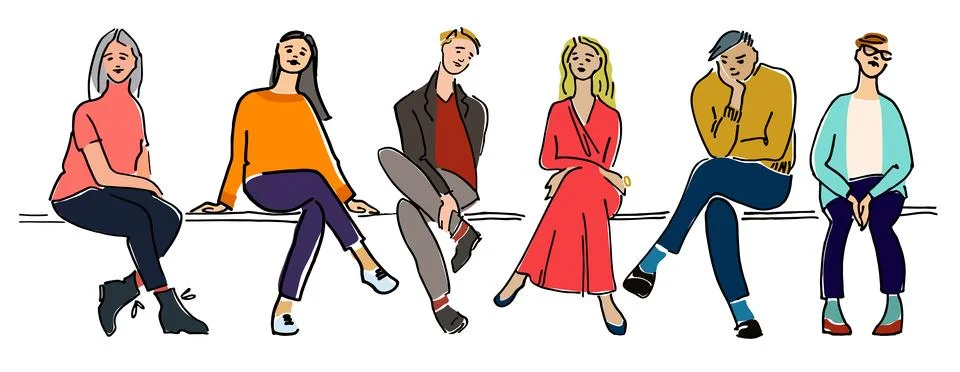 Young people sitting on a bench vector illustration. Audience concept. Wait.. 스톡 일러스트