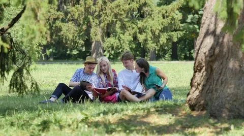 Young People Sitting Under the Tree Studying Reading Students Girls and Boys Stock Footage 64812716