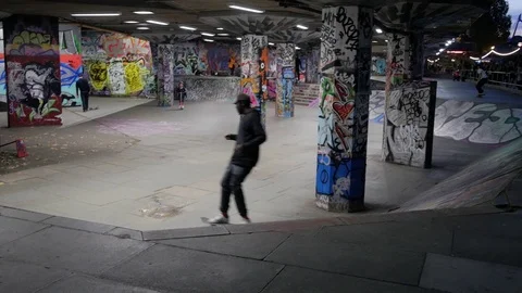 Young people Skateboarding using the skate park Southbank Center, London, UK. Stock Footage 105357699