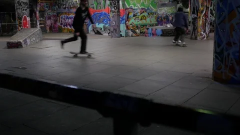 Young people Skateboarding using the skate park Southbank Center, London, UK. Stock Footage 105358334