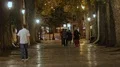 Young people strolling in city park at night, friends hanging out, urban life HD Footage