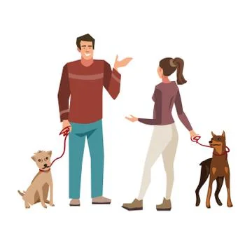 Young people talking while walking their dogs Stock Illustration