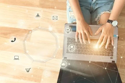 Young people using computer payments online shopping and icon customer networ Stock Photos
