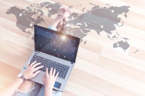 Young people using computer payments online shopping and icon customer networ Stock Photos