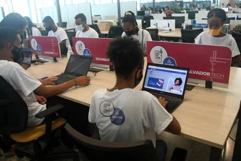  young people using computer in social project salvador, bahia, brazil - f... Stockfoto's