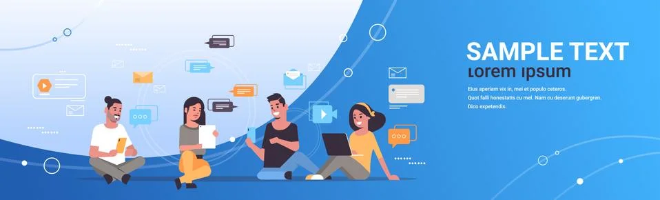 Young people using digital gadgets social network communication technology 스톡 일러스트