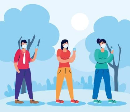 Young people using face masks and smartphones in the park Ilustração Stock