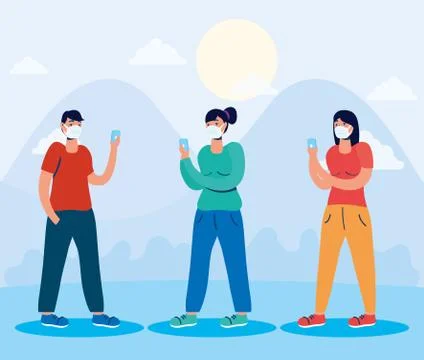 Young people using face masks and smartphones in the park Ilustração Stock