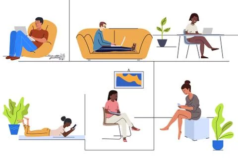 Young people using gadgets at home flat vector illustrations set Illustrazione stock