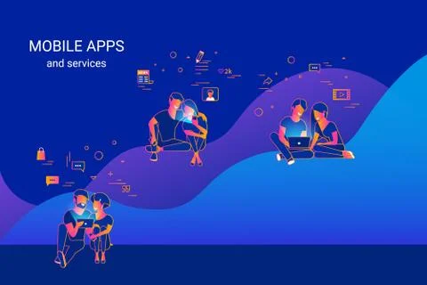 Young people using gadgets such as smartphone, tablet and laptop sitting on Stock Illustration