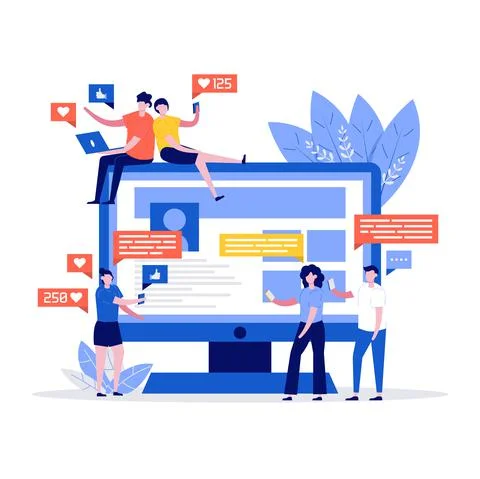 Young people using mobile gadgets such as laptop and smartphone for social ne Stock Illustration