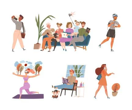 Young people using modern devices set. Men and women doing sports, communicating Ilustración de archivo
