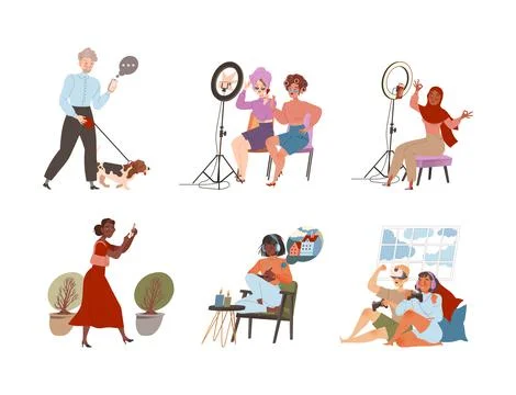 Young people using modern devices set. Men and women communicating, gaming Illustrazione stock