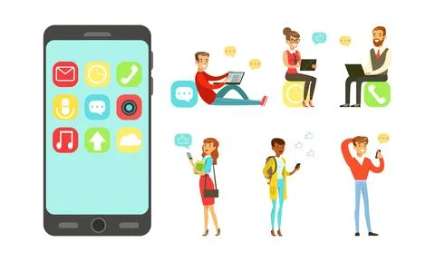 Young People Using Modern Gadgets Set, Cheerful Men and Women Chatting and Illustrazione stock