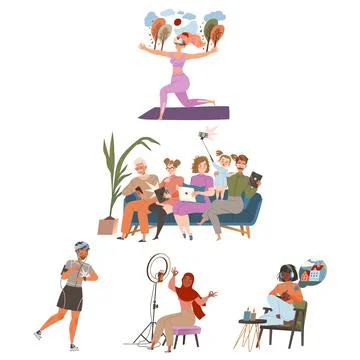 Young people using modern gadgets set. Men and women chatting, making selfie Ilustración de archivo
