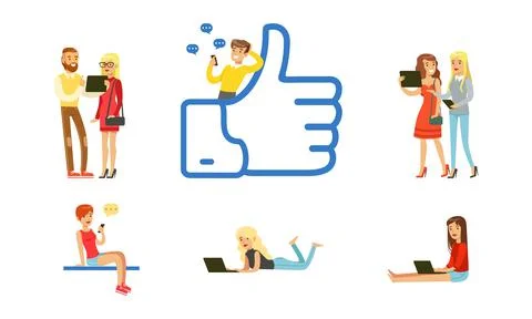 Young people using smartphones, laptops and tablets pc for online social media イラスト素材